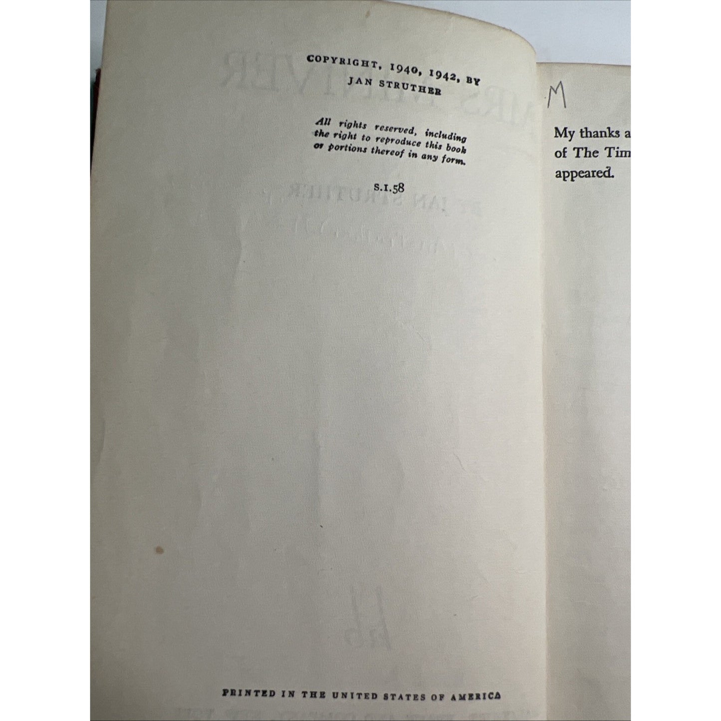 1942 HC by Jan Struther MRS. MINIVER Ex Library