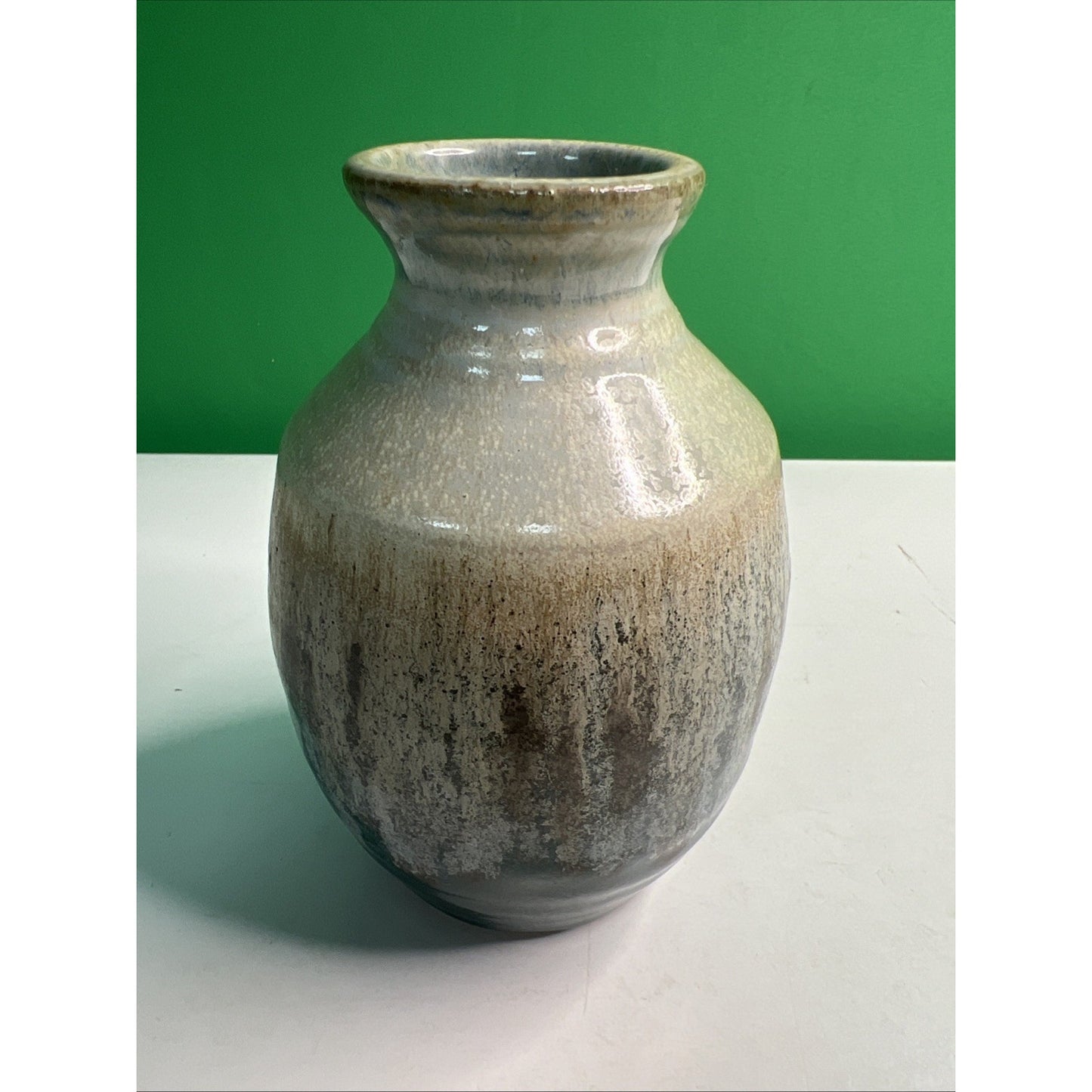 Studio Art Pottery Ceramic Blue And Earthen Hues Drip Glazed Vintage Vase