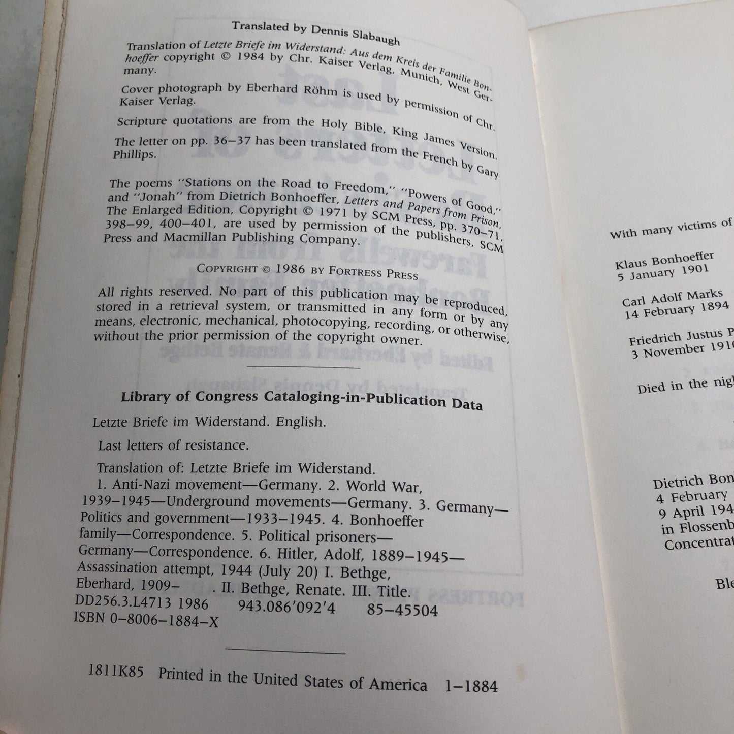 LAST LETTERS OF RESISTANCE: FAREWELLS FROM BONHOEFFER FAMILY By Eberhard Bethge