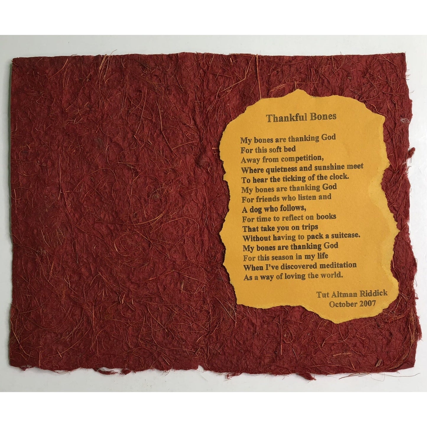 Tut Altman Riddick Poem On Handmade Paper Thankful Bones Mobile Alabama Artist