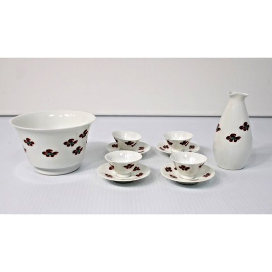 VTG 10-piece Fine Porcelain Sake Set, Plum Blossom Tokkur, Cups, Bowl, Saucers