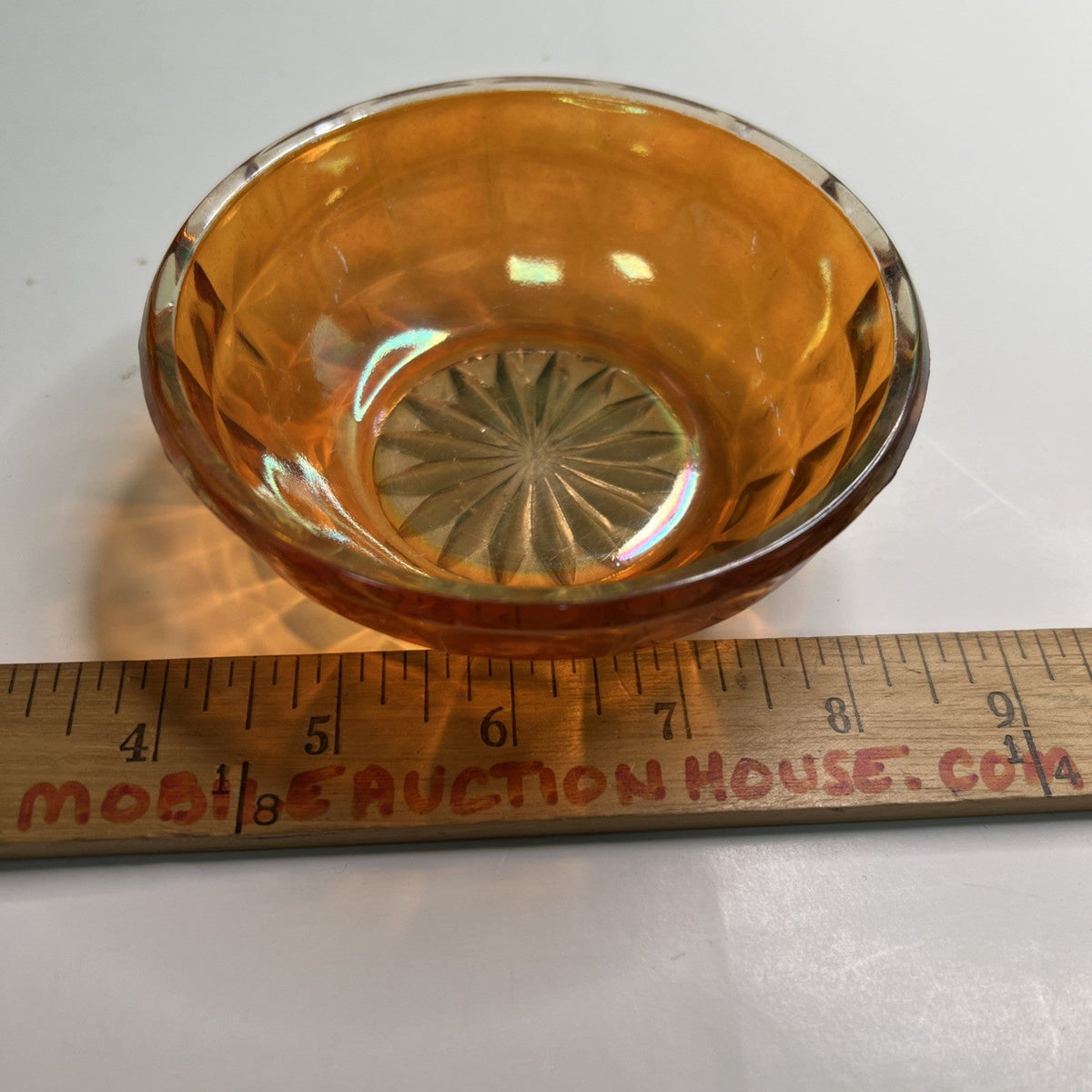 Marigold Carnival Glass 4” Berry Bowl With Block Design Clear Starburst Bottom