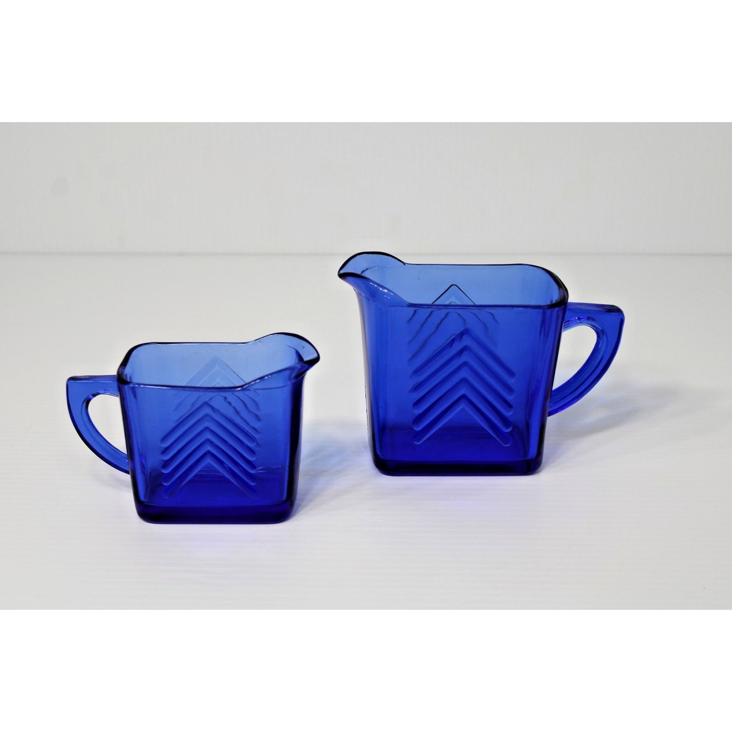 Vintage 1930s Hazel Atla Cobalt Glass, Blue Art Deco Milk & Creamer Chevron Set
