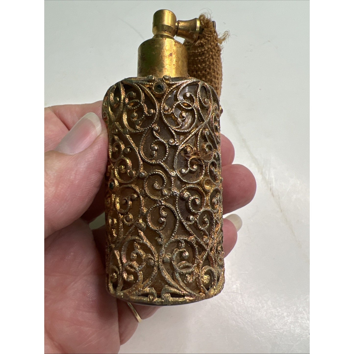Vintage Gold Tone Perfume Bottle Filigree Ormolu Rhinestones Damaged Atomizer