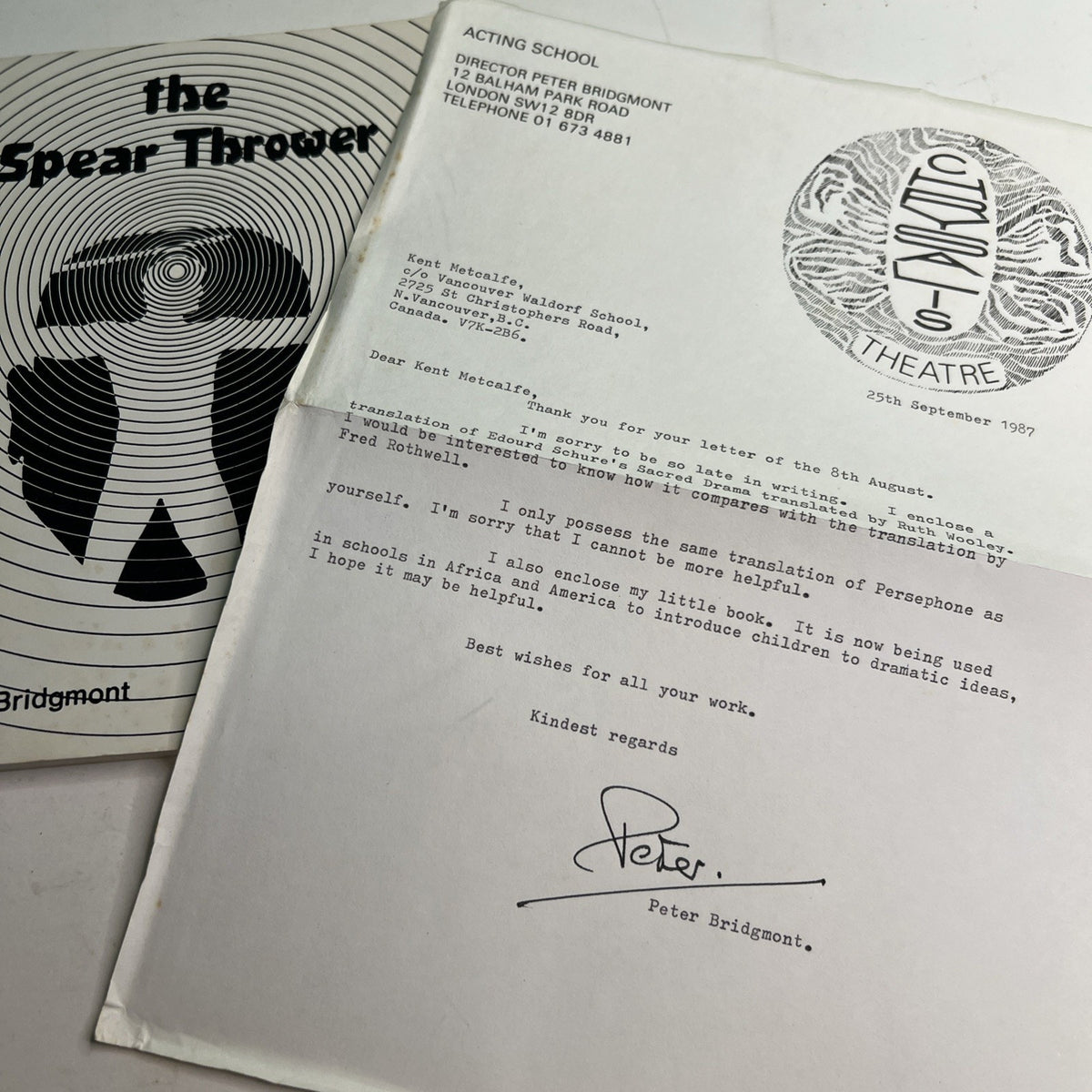 1983 PB The Spear Thrower by Peter Bridgmont Ideas For Actors Letter From Author