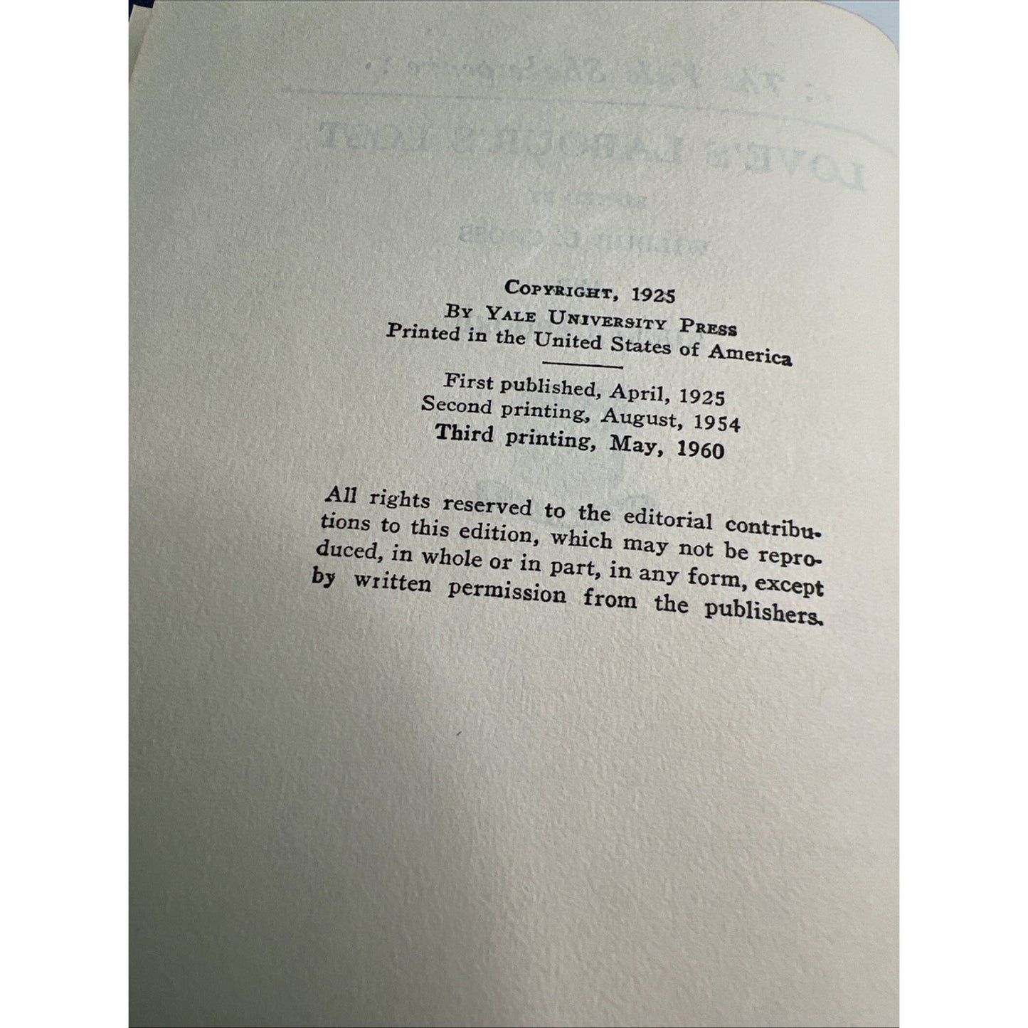 The Yale Shakespeare Hardcover LOVE’S LABOUR’S LOST 1960 3rd Printing