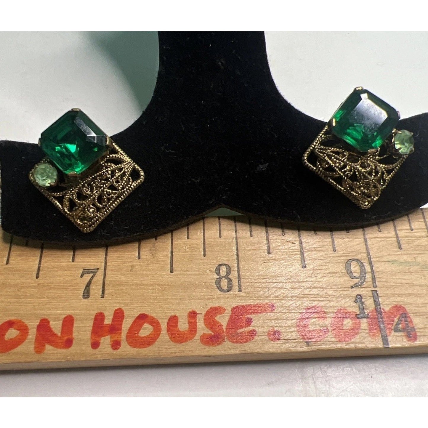 Vintage Czech Green Glass Filigree Signature Brooch & Clip On Earrings Set 1930s