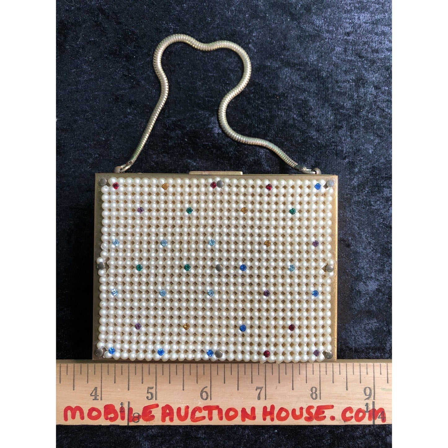 Vintage Minaudiere Metal Box Purse W/ Powder Lipstick Comb Mirror Evening Bag