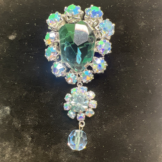 Vintage Austrian Brooch Asymmetrical Blue Green Rhinestones Statement Pin