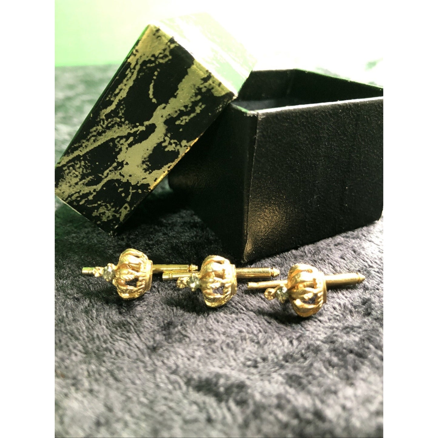 Vintage Mens Gold Tone Royal Crown Rhinestone Cufflinks Cuff Links Gift Spare