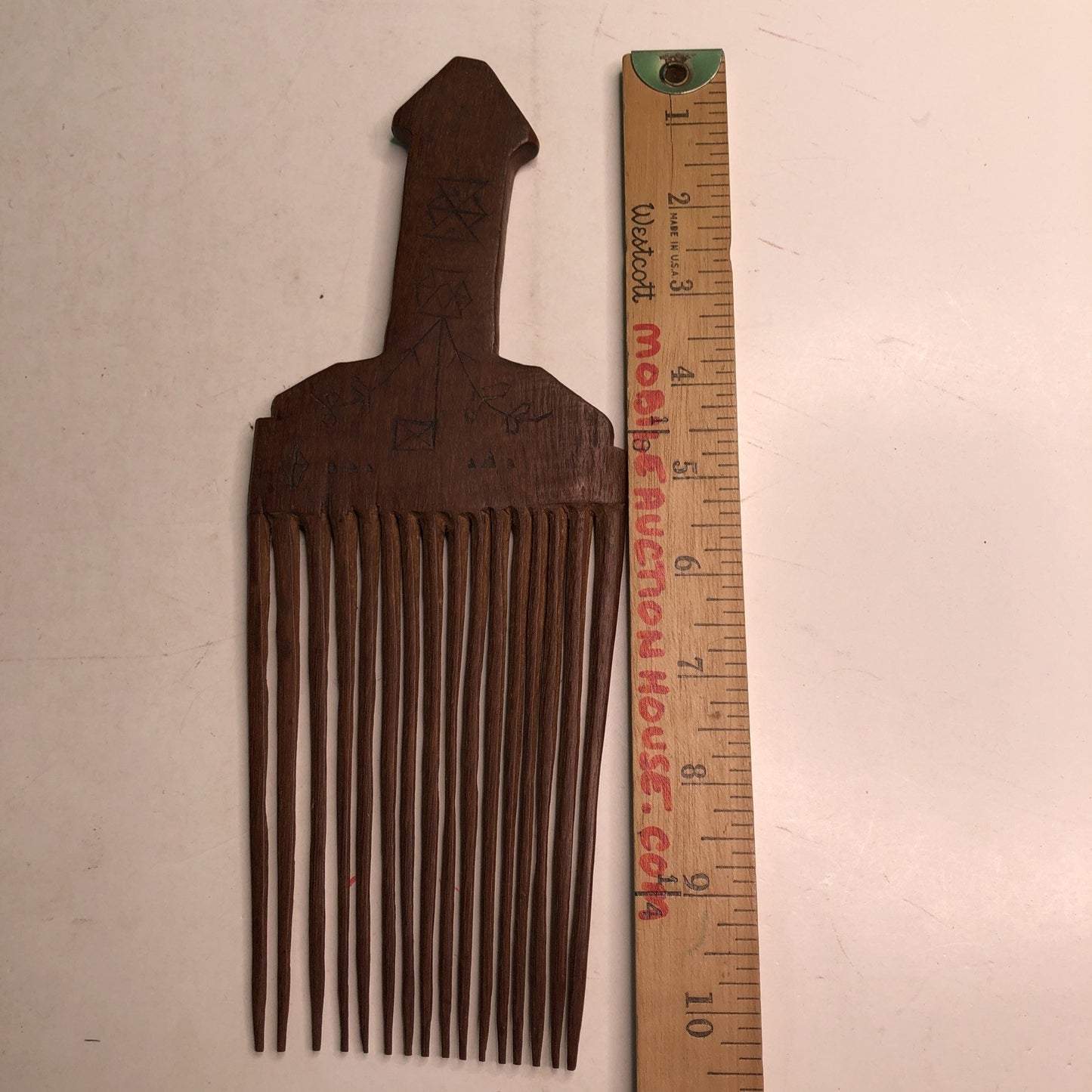 African Baule Tribe Wood Hair Pick Comb Hand Carved 10.25”