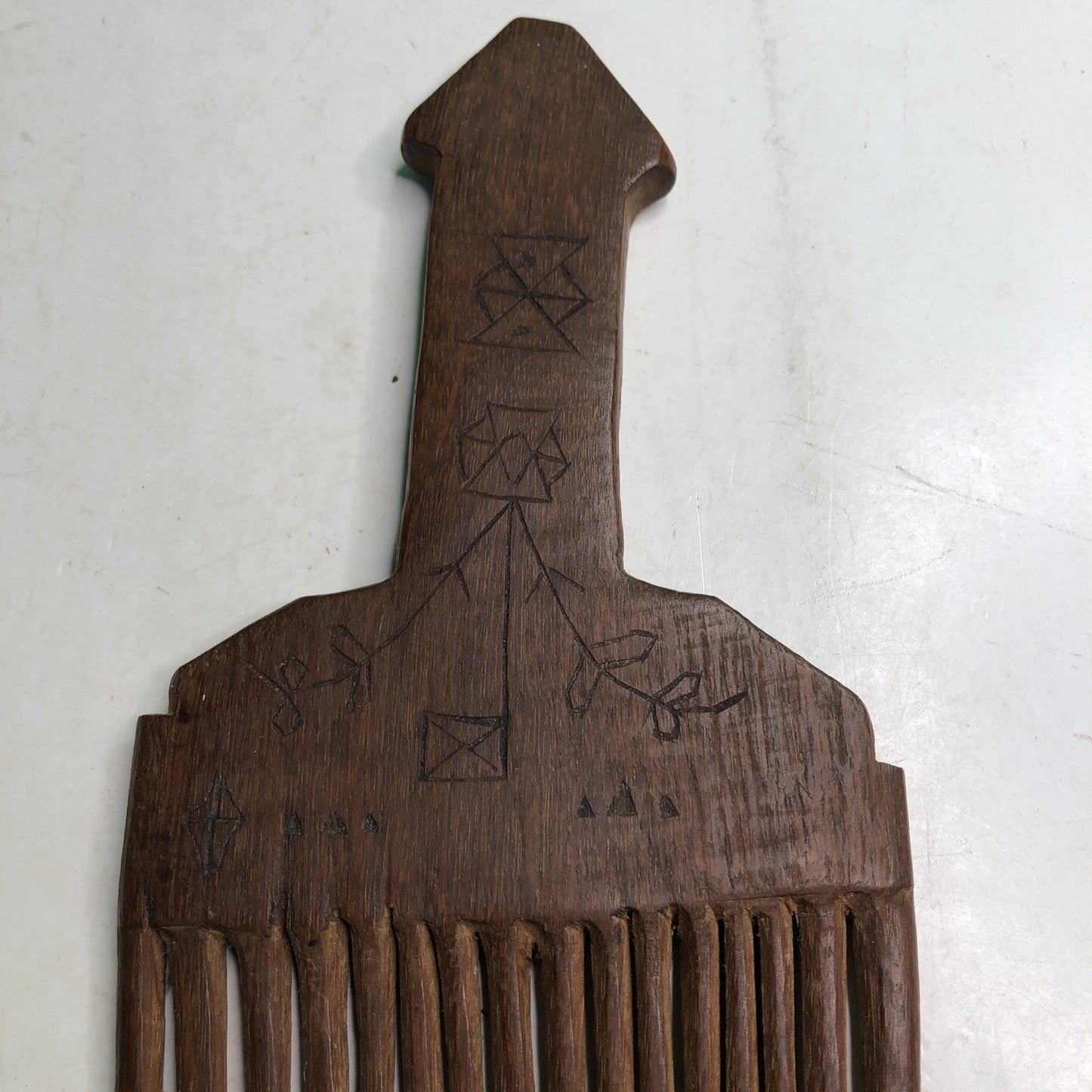 African Baule Tribe Wood Hair Pick Comb Hand Carved 10.25”