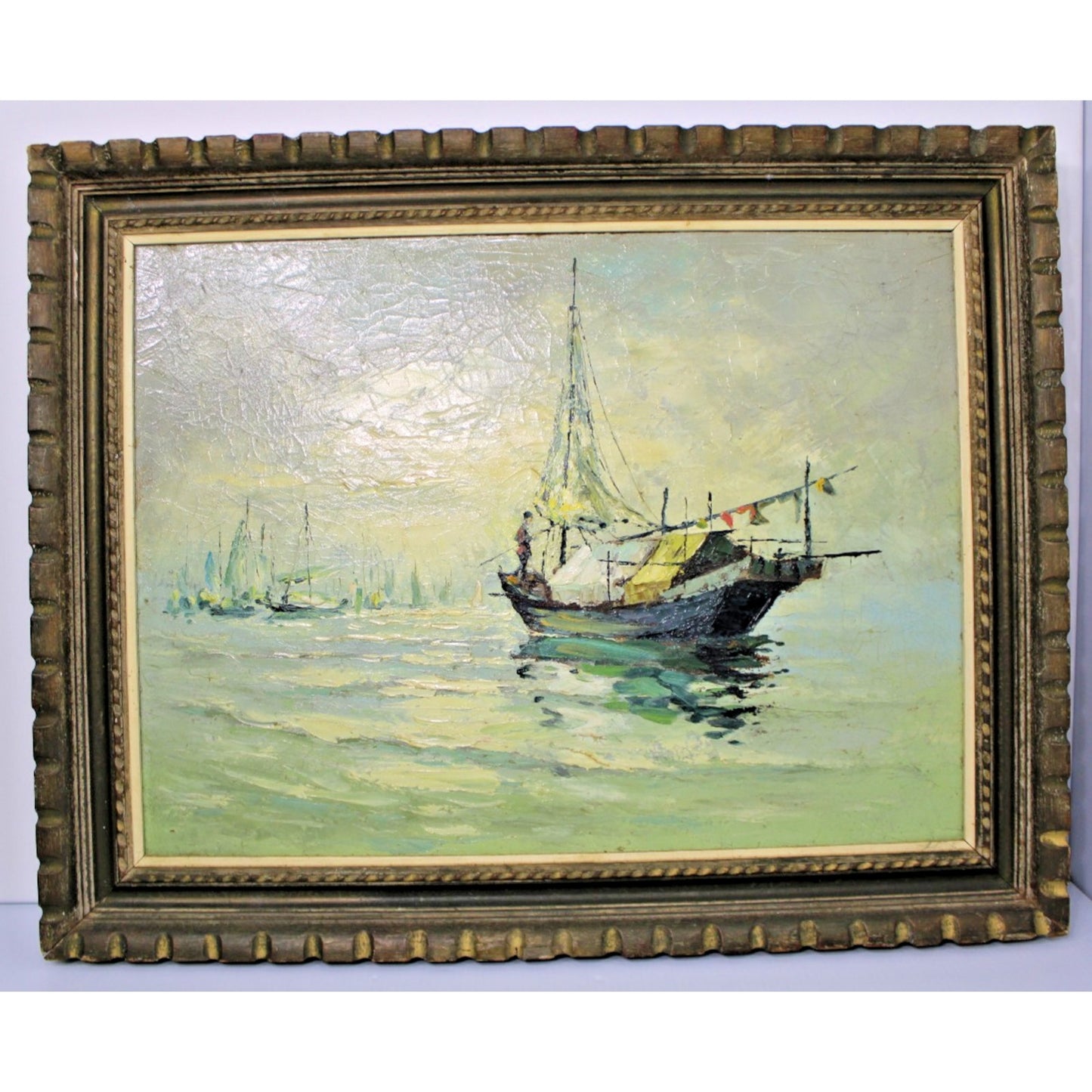 Impressionist Oil on Canvas by Chung Kwo- Nautical , Impasto, Craquelure, Framed