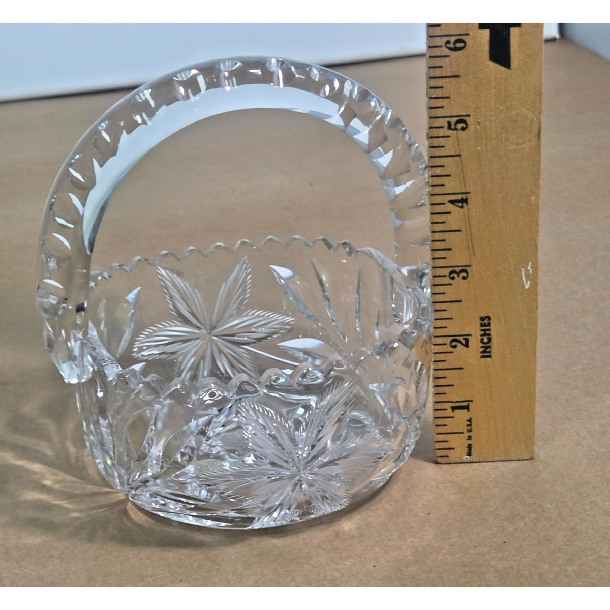 Vintage Hand-Cut Lead Crystal Basket - Bohemian Pinwheel & Leaf Star - 6 Inch