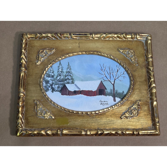 Vintage Susan Adams Signed Original Winter Landscape Painting Gilt Frame