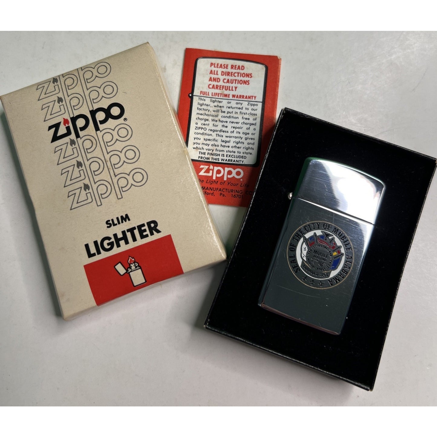Vintage Zippo Slim Lighter Seal of the City Mobile Alabama In Original Box