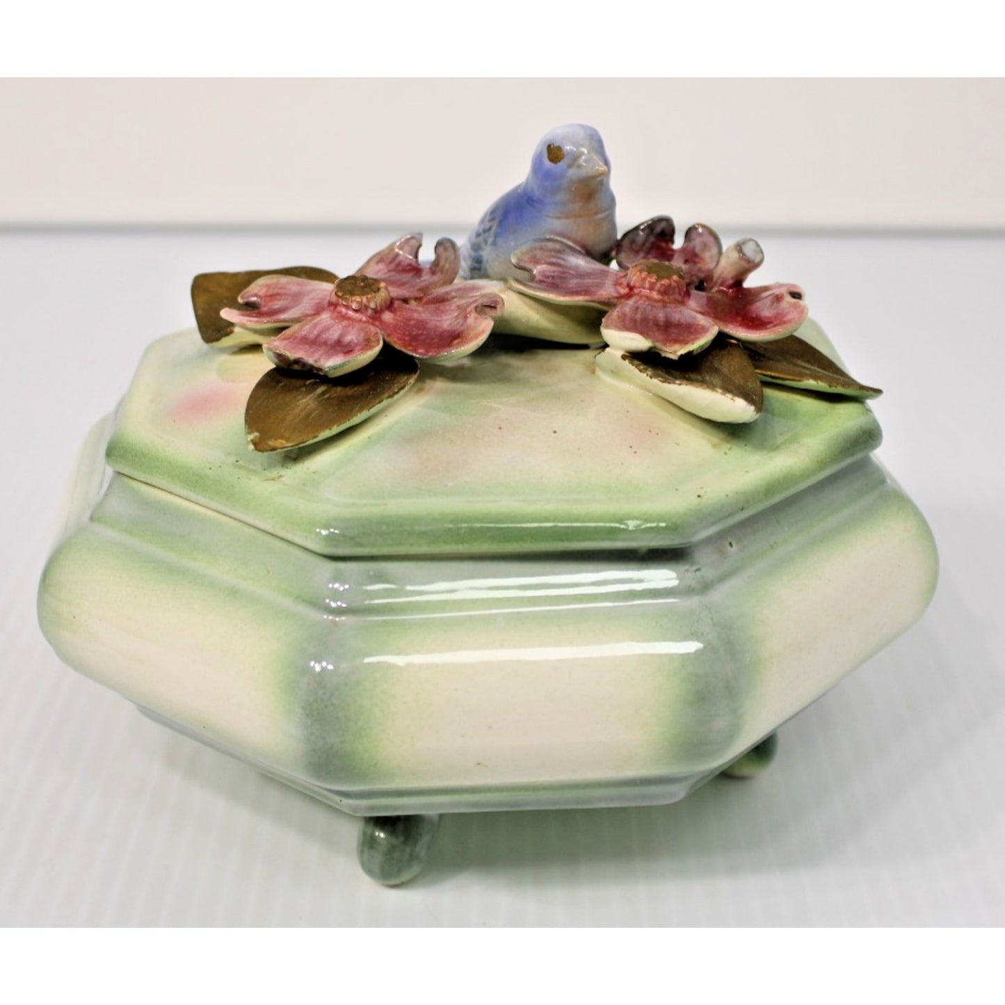 Vintage Lidded Candy Box, Ceramic Octagon with Bird and Floral Figures