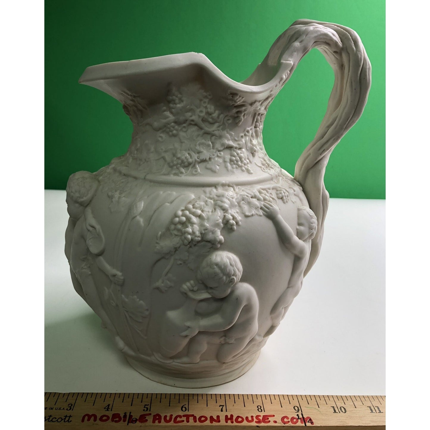 Antique Copeland Parian Ware Pitcher Jug Putti Relief Motif With Grapes Cherubs
