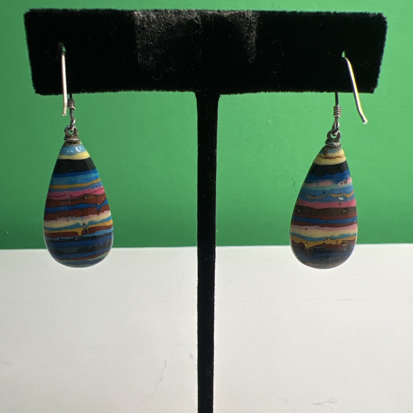 Vintage Rainbow Calsilica Teardrop Shaped Dangle Pierced Earrings Bohemian