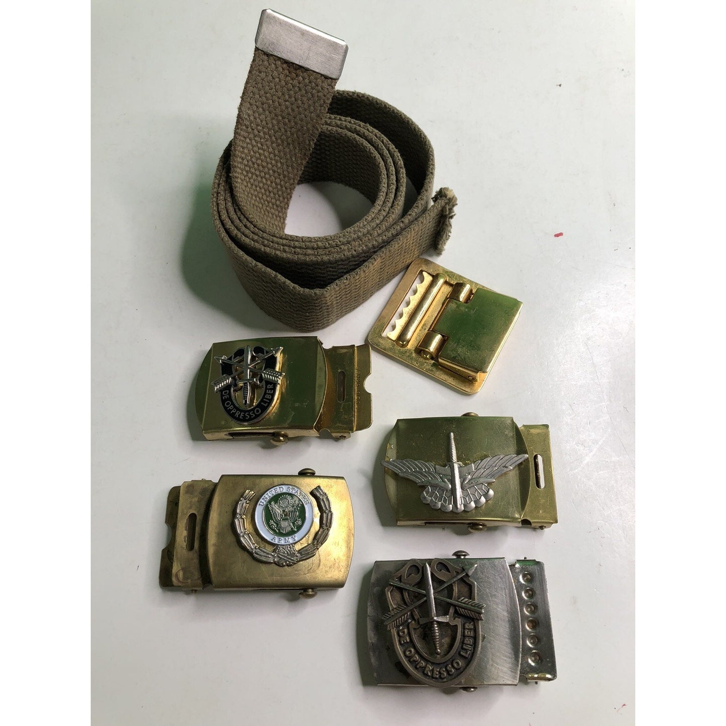 Vintage 38” Web Belt W/ 5 Buckles US Army Special Forces Brass Interchangeable
