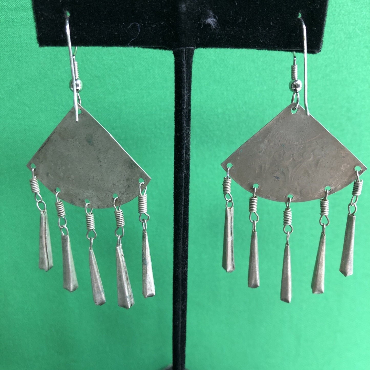 Vtg Mexican Silver Fan Dangles Drop Earrings Stamped Detail Pierced Hook Wire