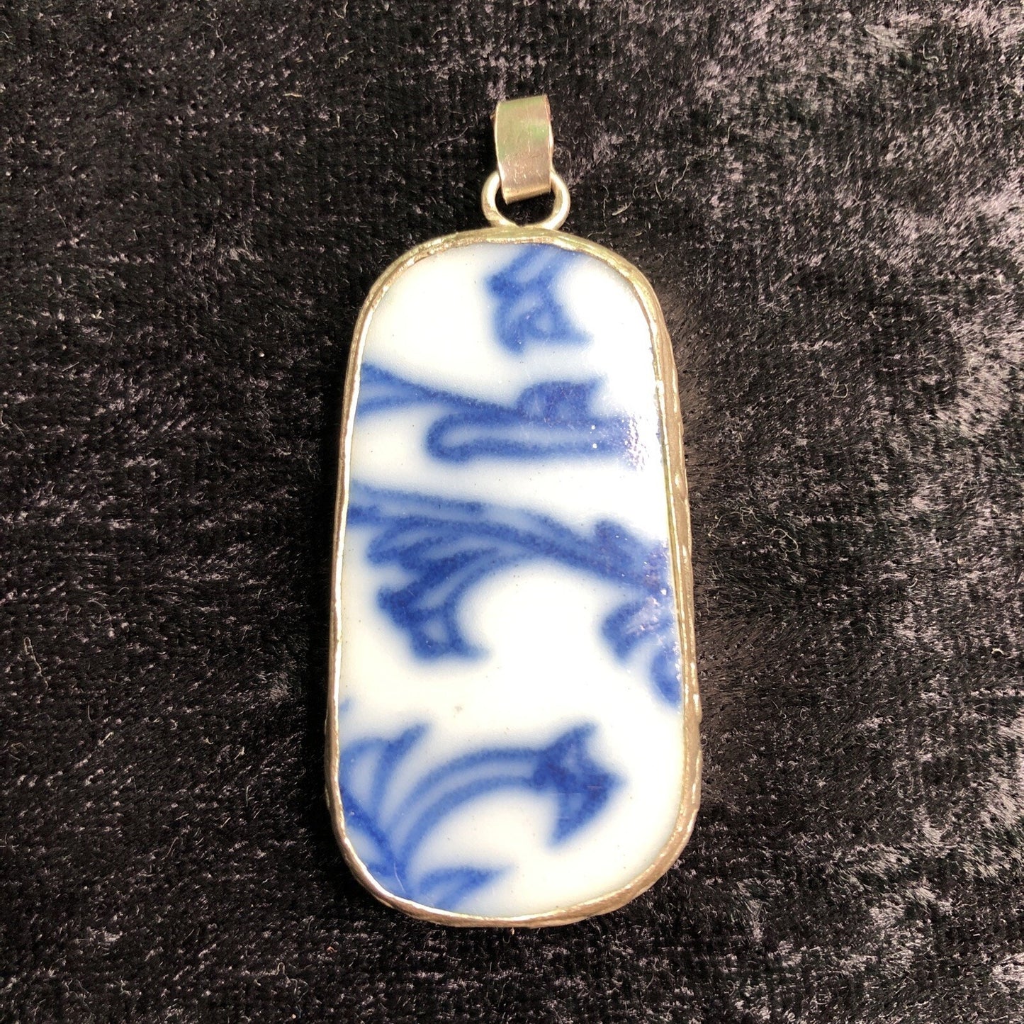 Pottery China Shard Pendant Encased In Stamped Metal Blue & White 1” Wide 2” Lon