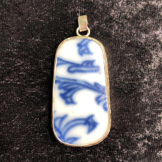Pottery China Shard Pendant Encased In Stamped Metal Blue & White 1” Wide 2” Lon