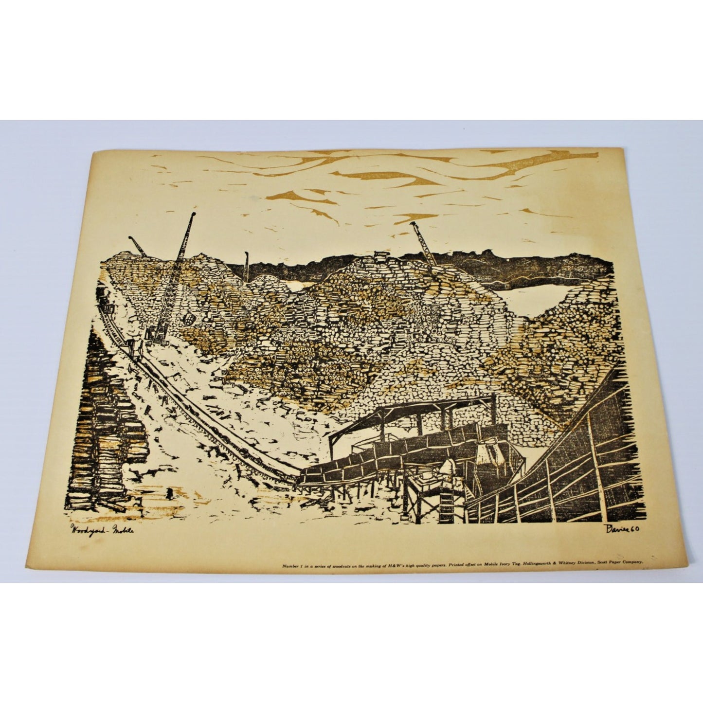 Vintage Woodcut by Ted Davies- Scott Paper Co. Woodyard- Mobile, AL 14" x 11.25"