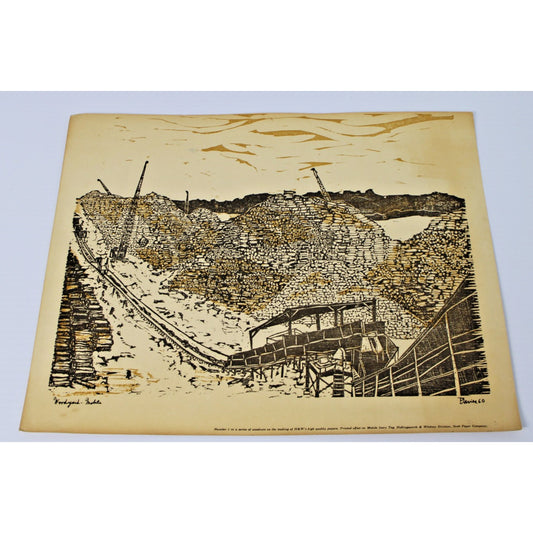 Vintage Woodcut by Ted Davies- Scott Paper Co. Woodyard- Mobile, AL 14" x 11.25"