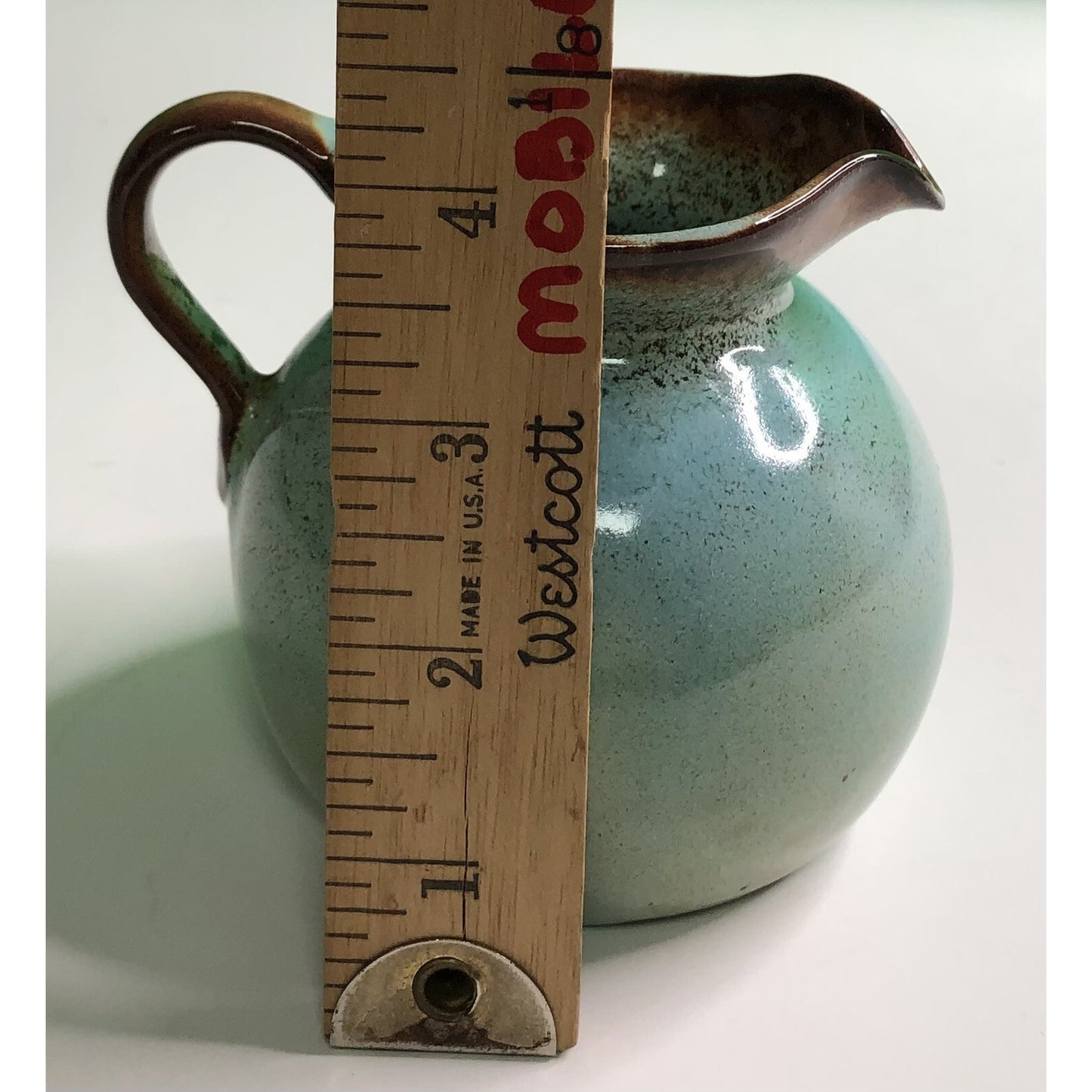 MCM Mid Century Modern NICODEMUS POTTERY CREAMER Pitcher Turquoise Brown Glaze