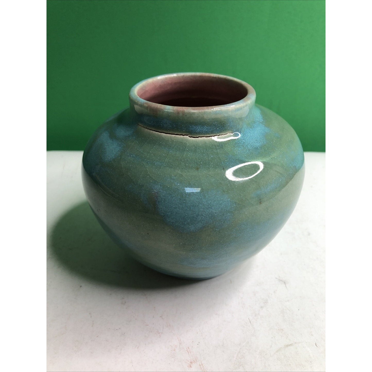 Vintage 1951 Stephen NC Pottery Cabinet Vase Blue Green Glaze Pink Interior