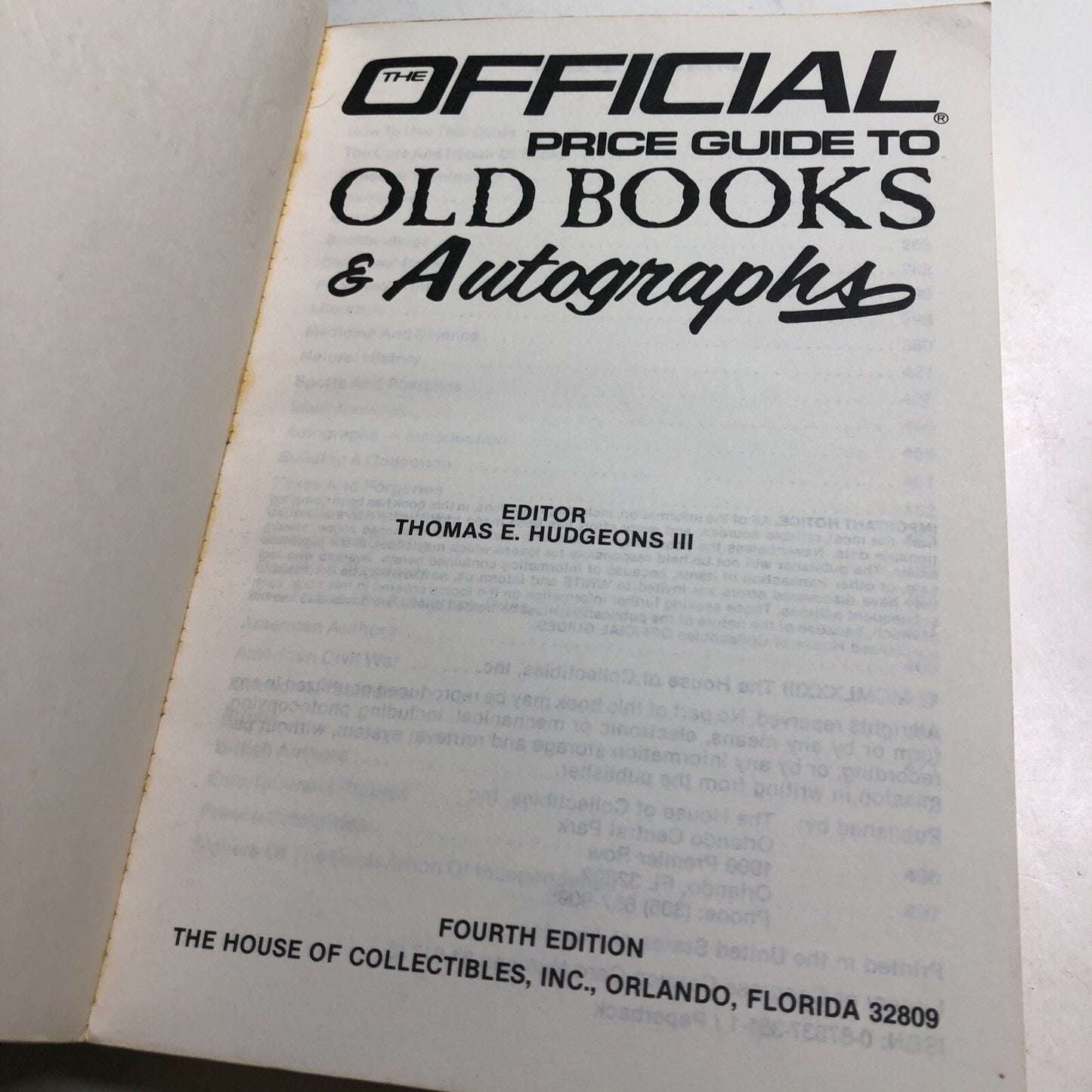 The Official 1983 Price Guide To Old Books & Autographs Fourth Edition