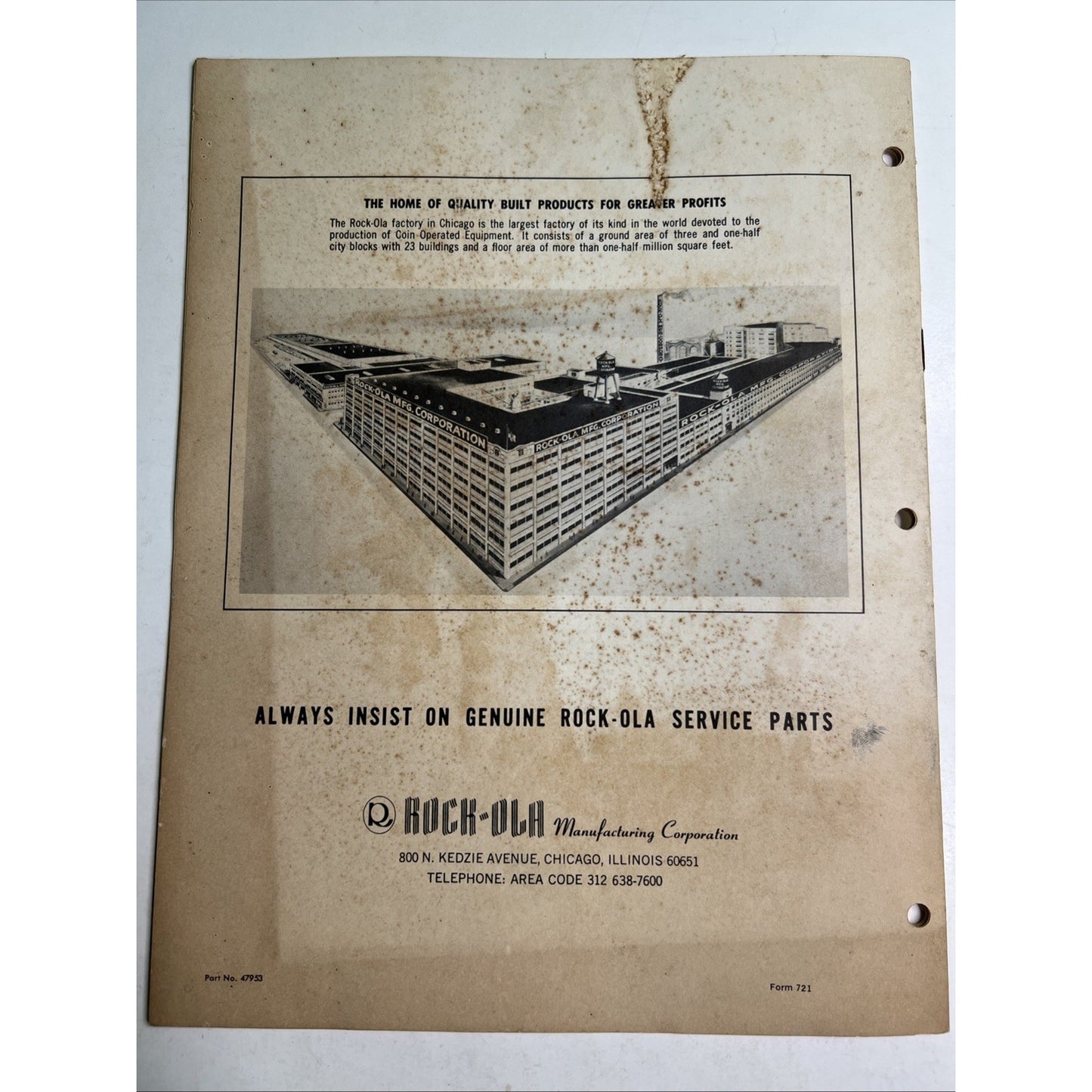 Original Rock-Ola Model 447 448 449 Jukebox Phonograph Parts Catalog Supplement