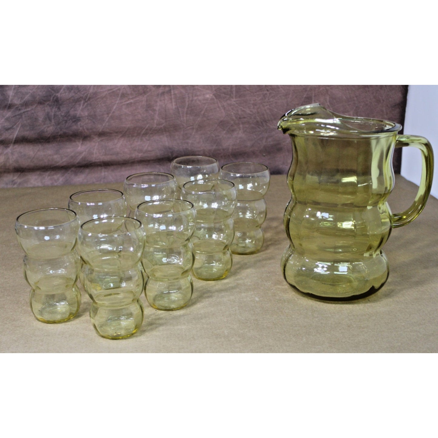 Vintage Lido Golden Glow Federal Glass Pitcher and 8 Tumblers, 1930s