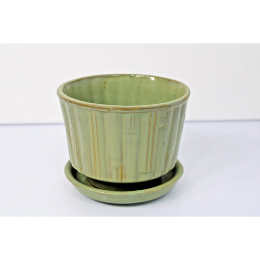 Vintage McCoy Pottery Green Faux Bamboo/ Tiki 6.5" Planter w/ Saucer #0374 USA