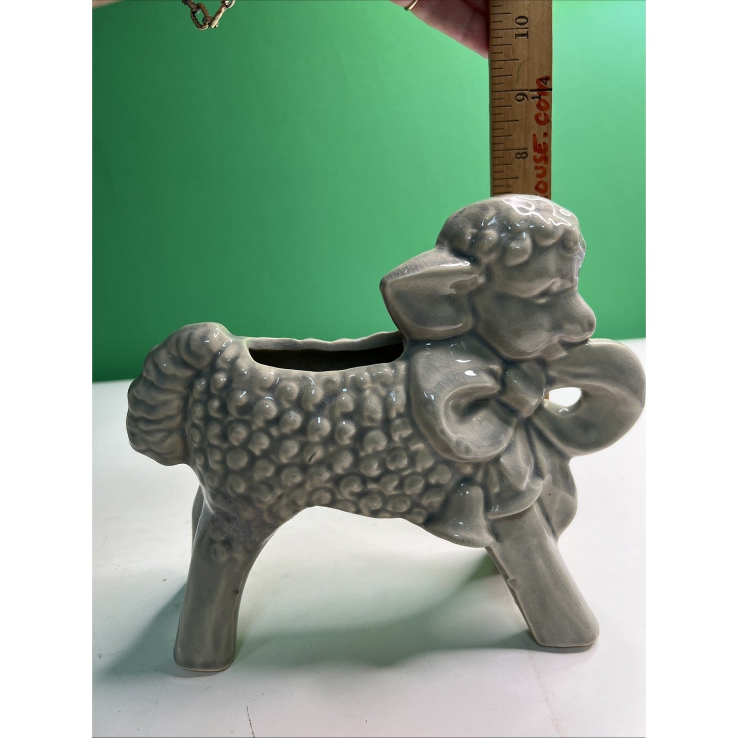Vintage McCoy Art Pottery Nursery Curly Sheep Lamb With Bow Bells Planter Grey