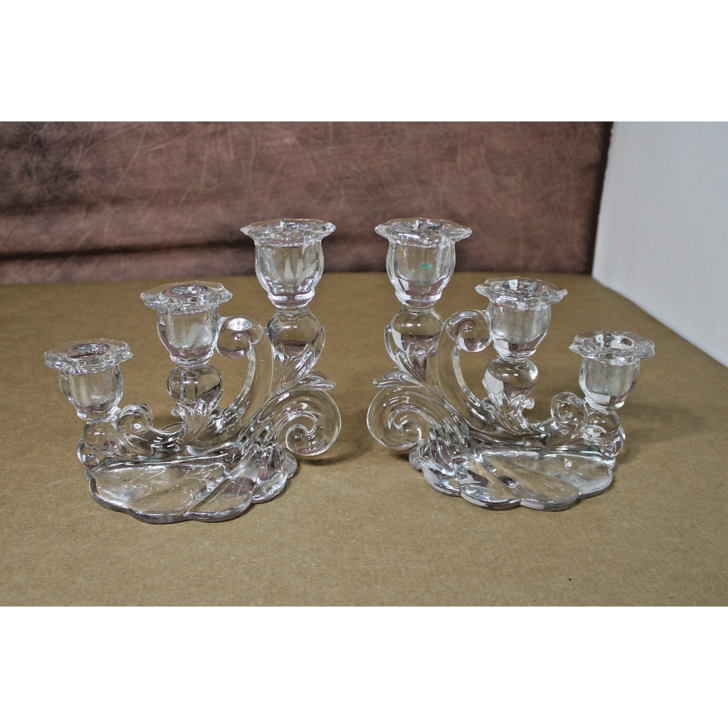2 Vintage Cambridge Caprice 3 Light Candelabra Clear Glass Candle Holders 1950s