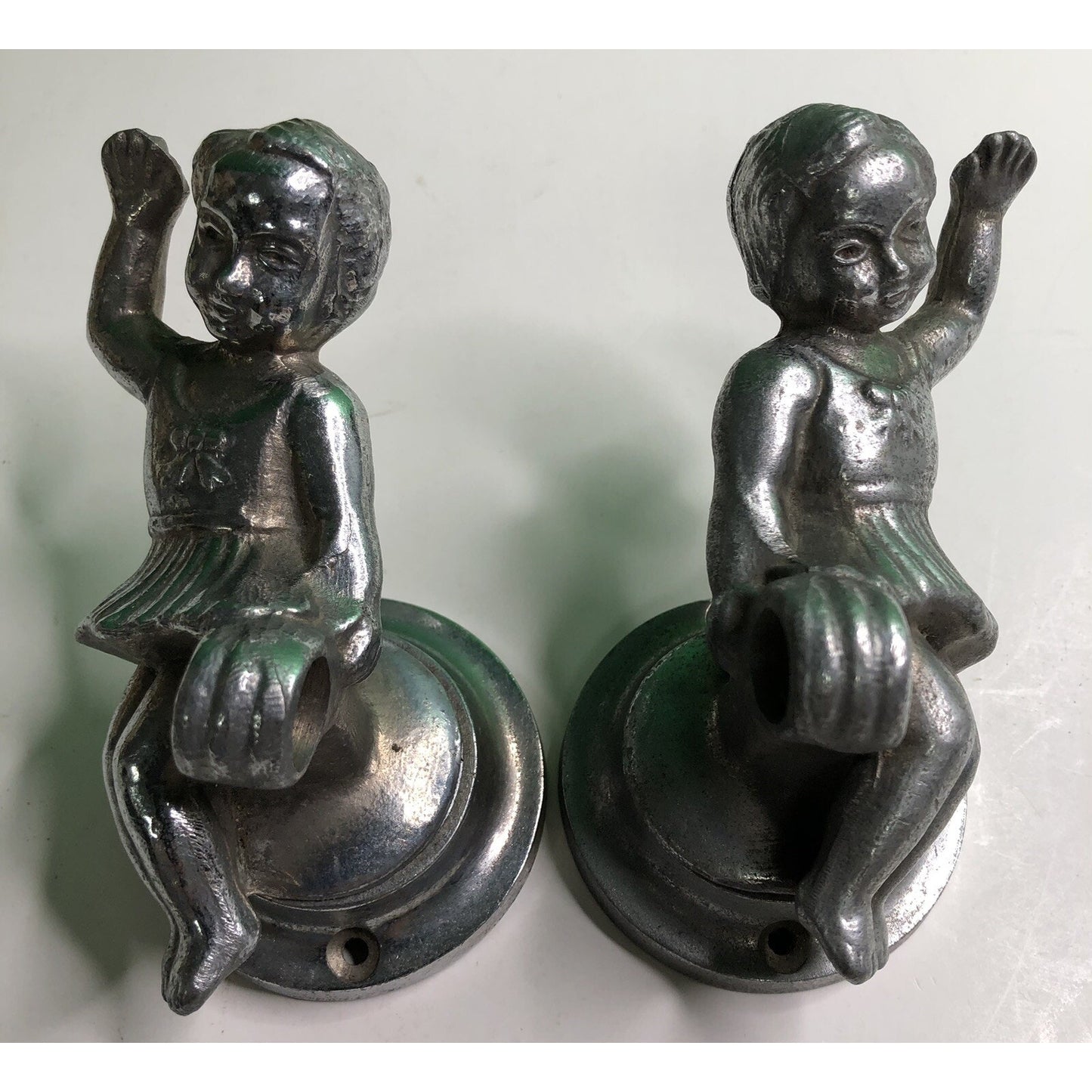 PAIR of Antique Cast Aluminum GIRLS Wall Mount TOWEL ROD HOLDER Kitchen Bath