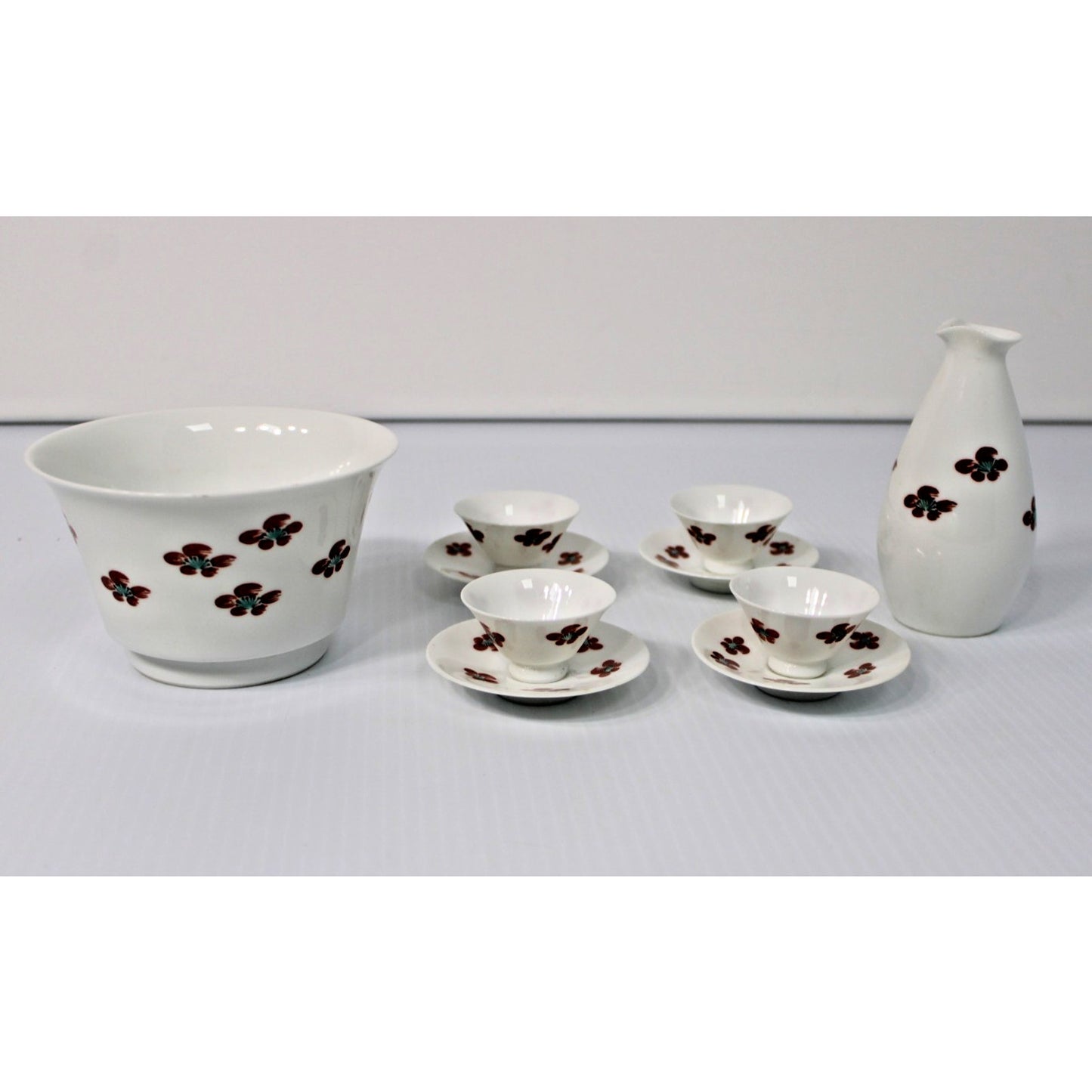 VTG 10-piece Fine Porcelain Sake Set, Plum Blossom Tokkur, Cups, Bowl, Saucers