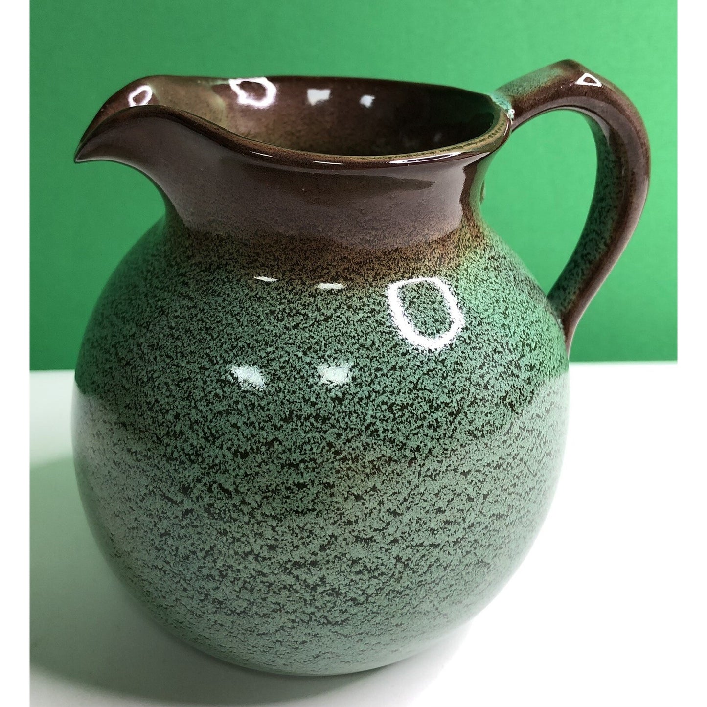 MCM Chester NICODEMUS Ohio Art Pottery PITCHER Ferro Stone Green Brown Speckled