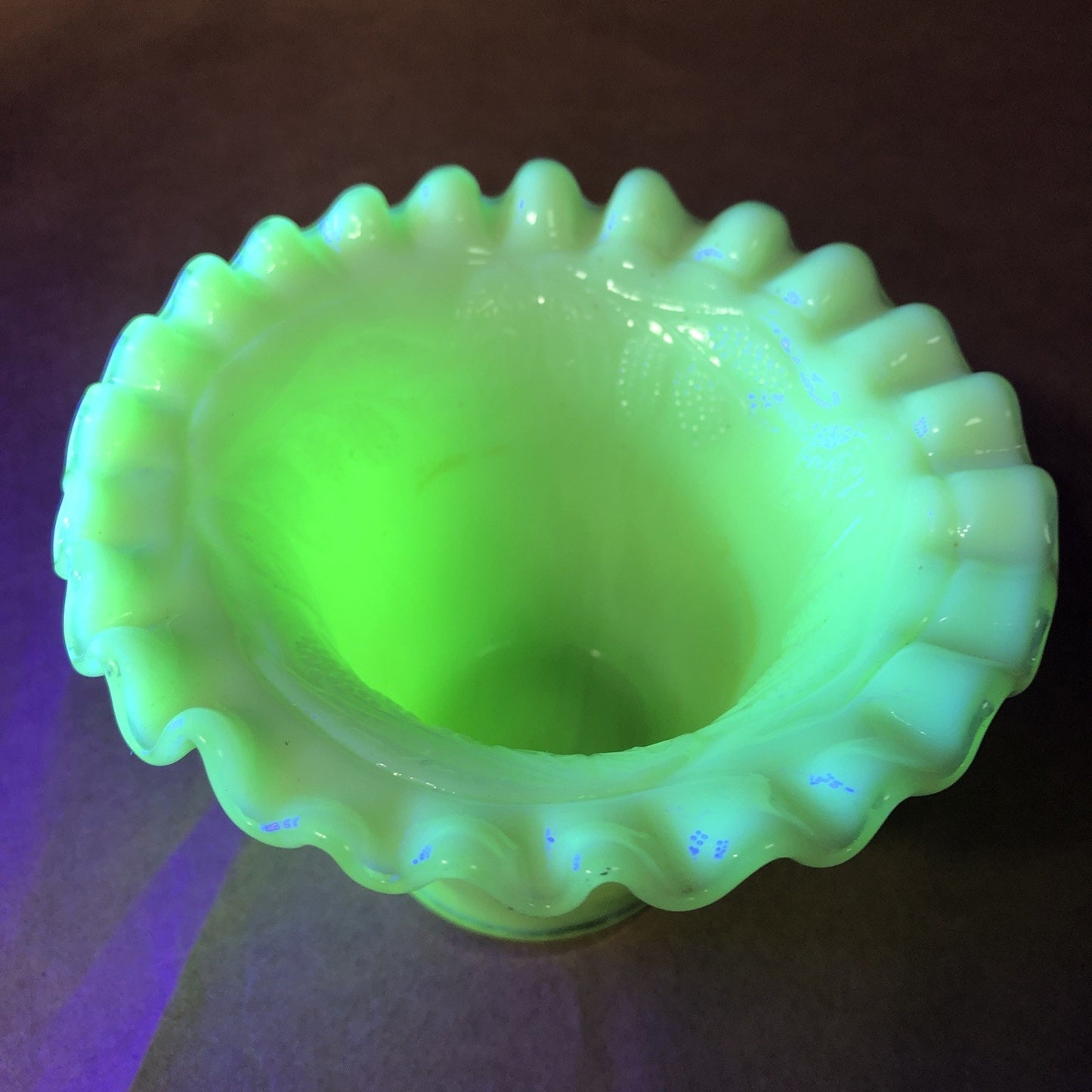 Vintage Uranium Custard Glass Vase 3.5” Tall Ruffle Top Grape Leaf Design Glows