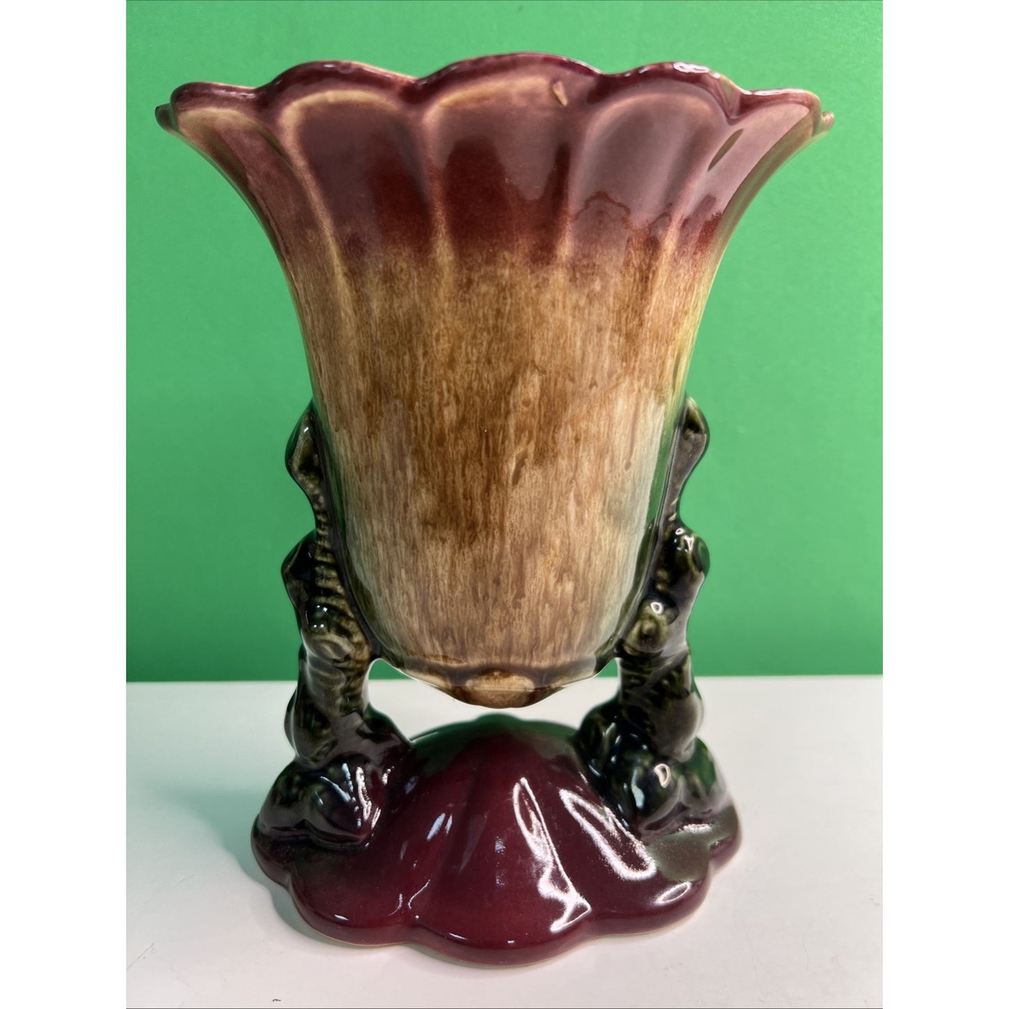 Vintage Hull USA Woodland Double Footed Suspended Vase Burgundy Brown 8"