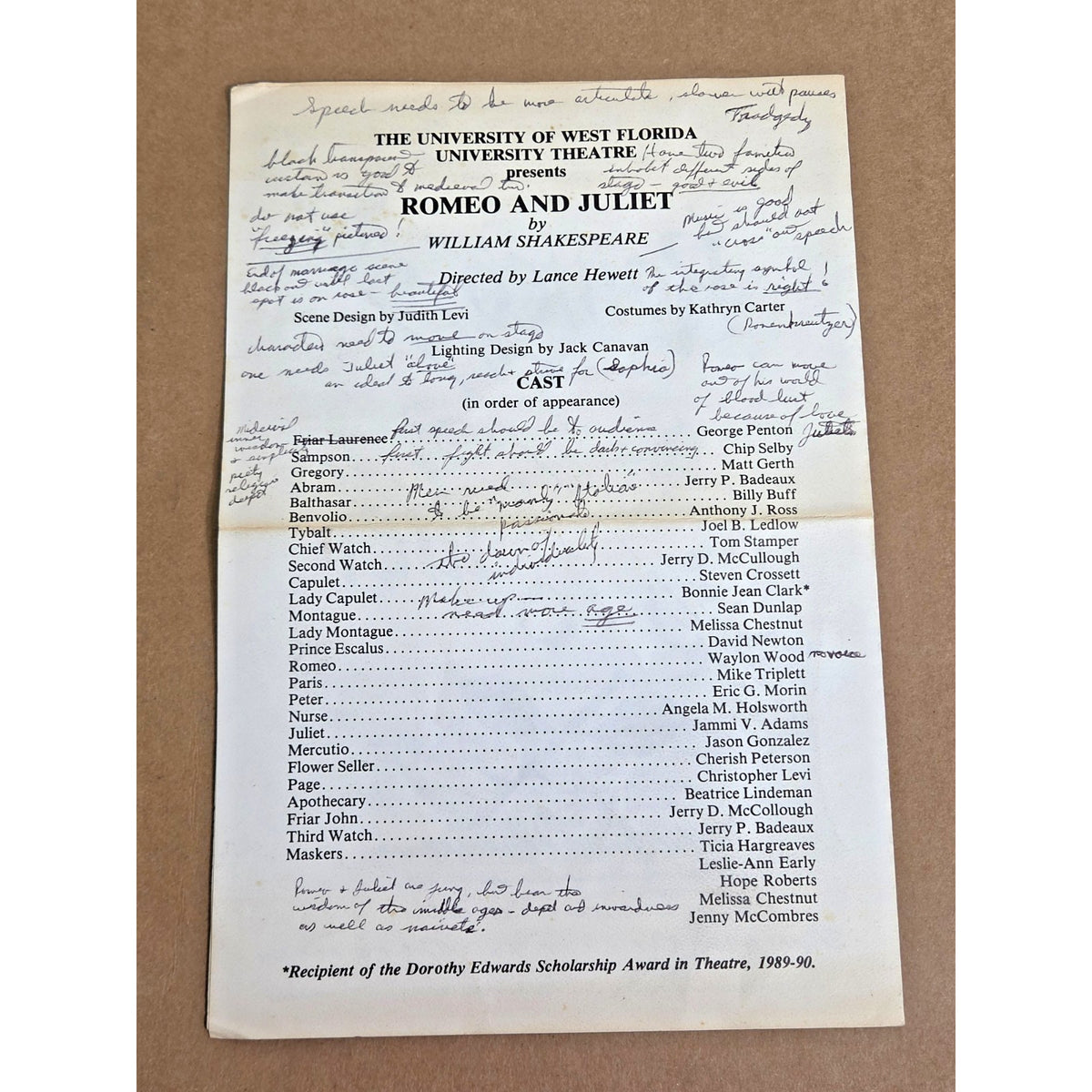 1989 Romeo & Juliet Theater Program - Rare Annotated Working Copy - Lance Hewett