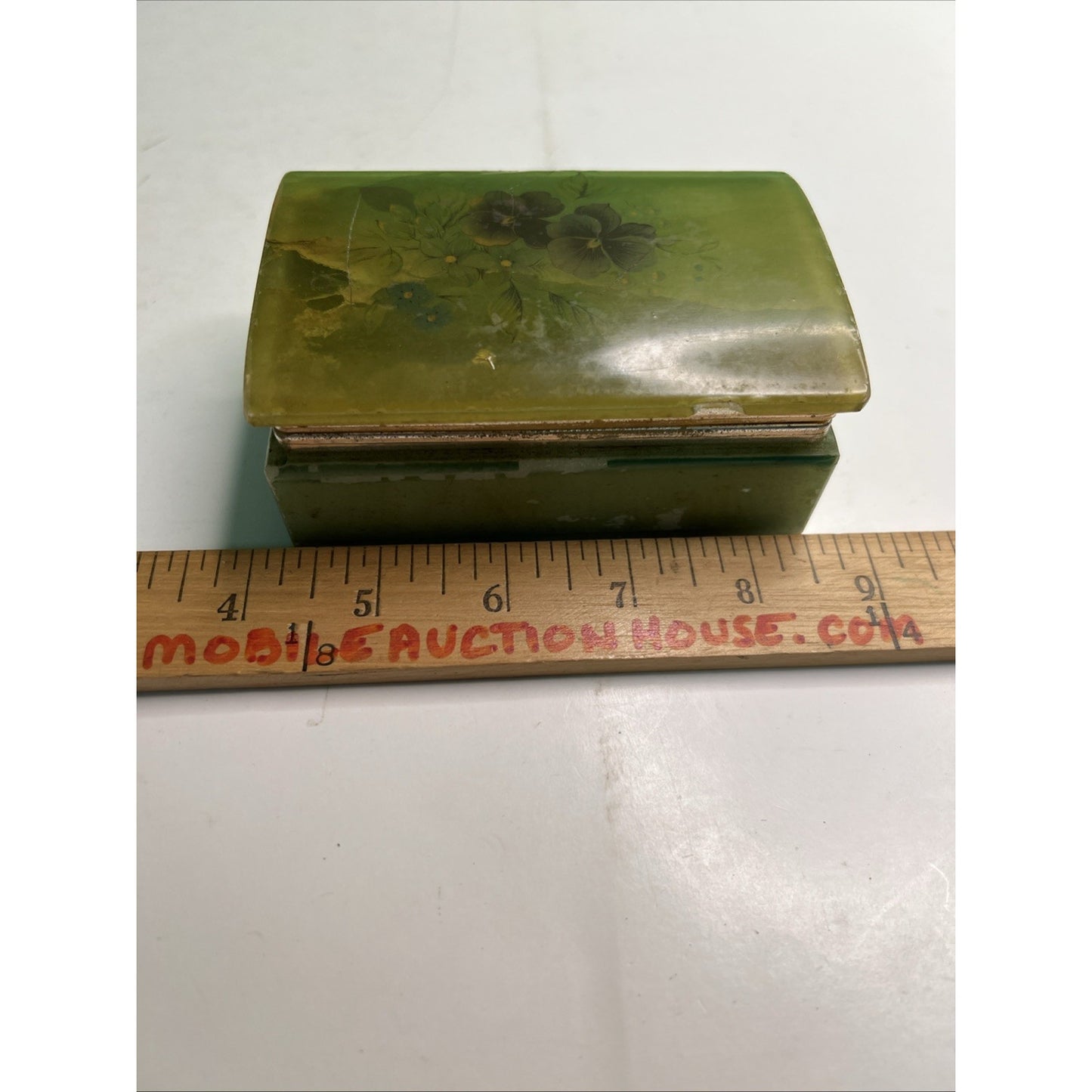 Vintage Italian Alabaster Marble Jewelry Trinket Box Pansies As Pictured