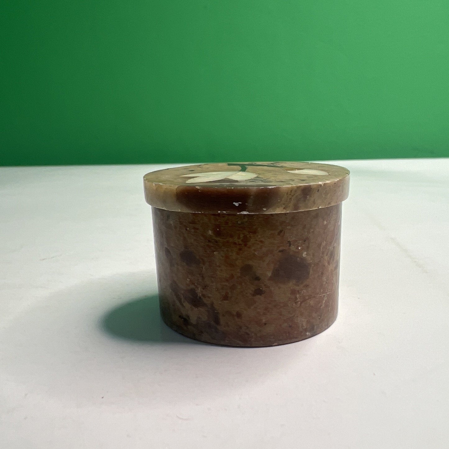 Carved Soapstone Small Inlaid Round Box Trinket Vanity Natural Stone with Lid