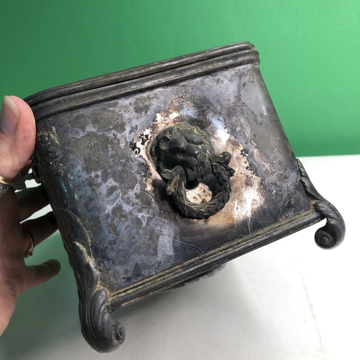 Antique Reed & Barton Silverplate Humidor #130 Cherubs With Key Monogrammed Top