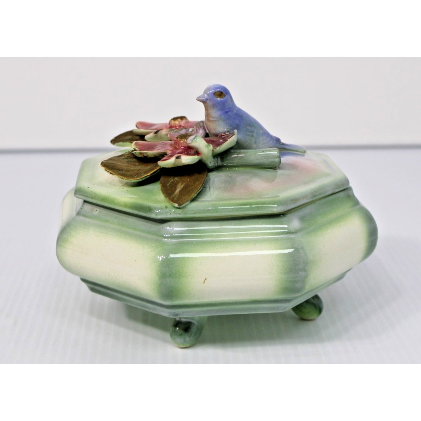 Vintage Lidded Candy Box, Ceramic Octagon with Bird and Floral Figures