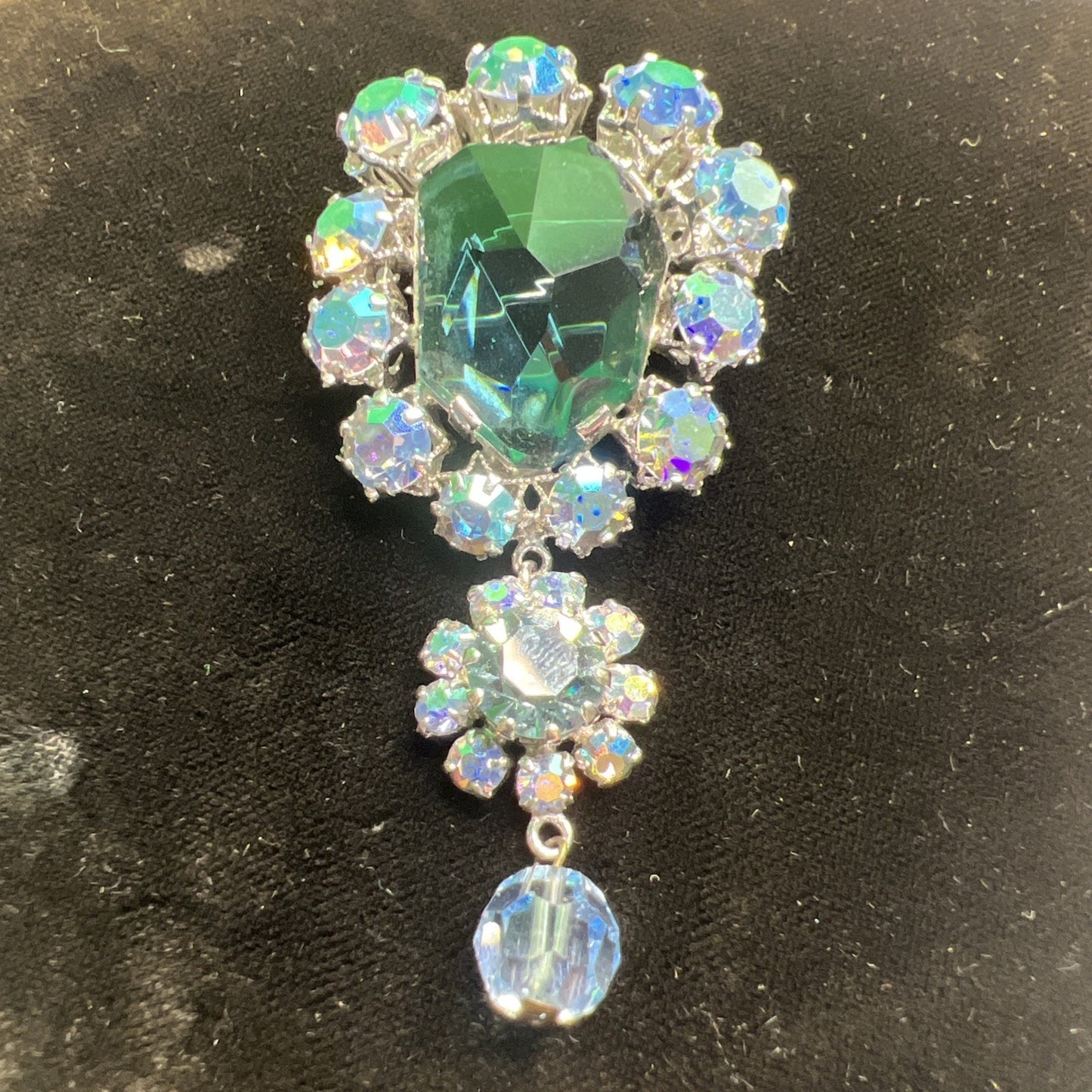 Vintage Austrian Brooch Asymmetrical Blue Green Rhinestones Statement Pin
