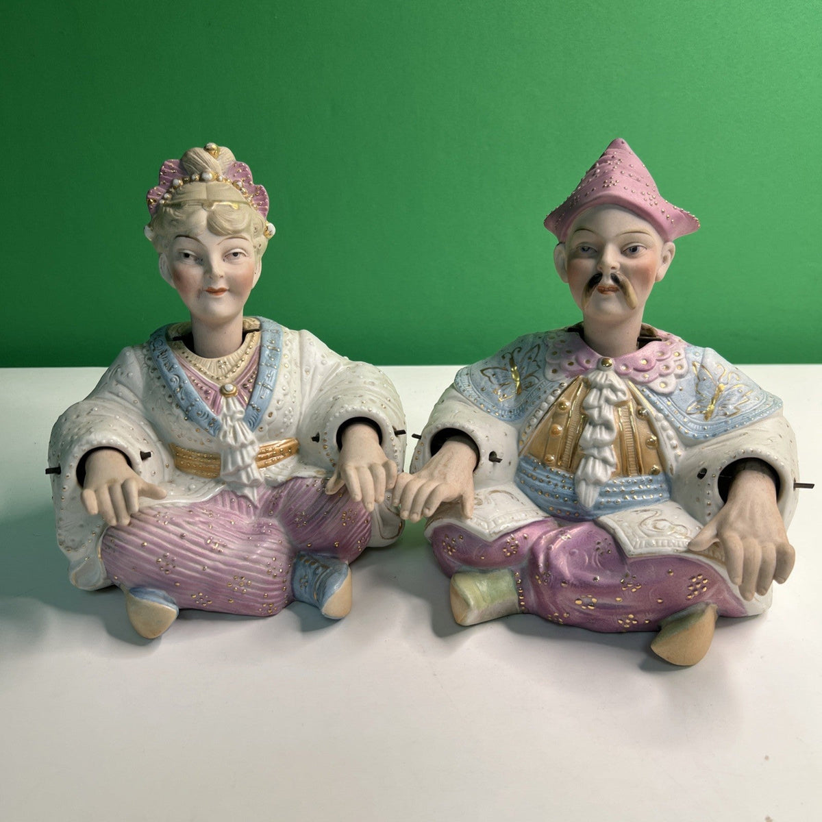Vintage Pair of European Bisque Chinese Male & Female Nodders Pink Blue Gold