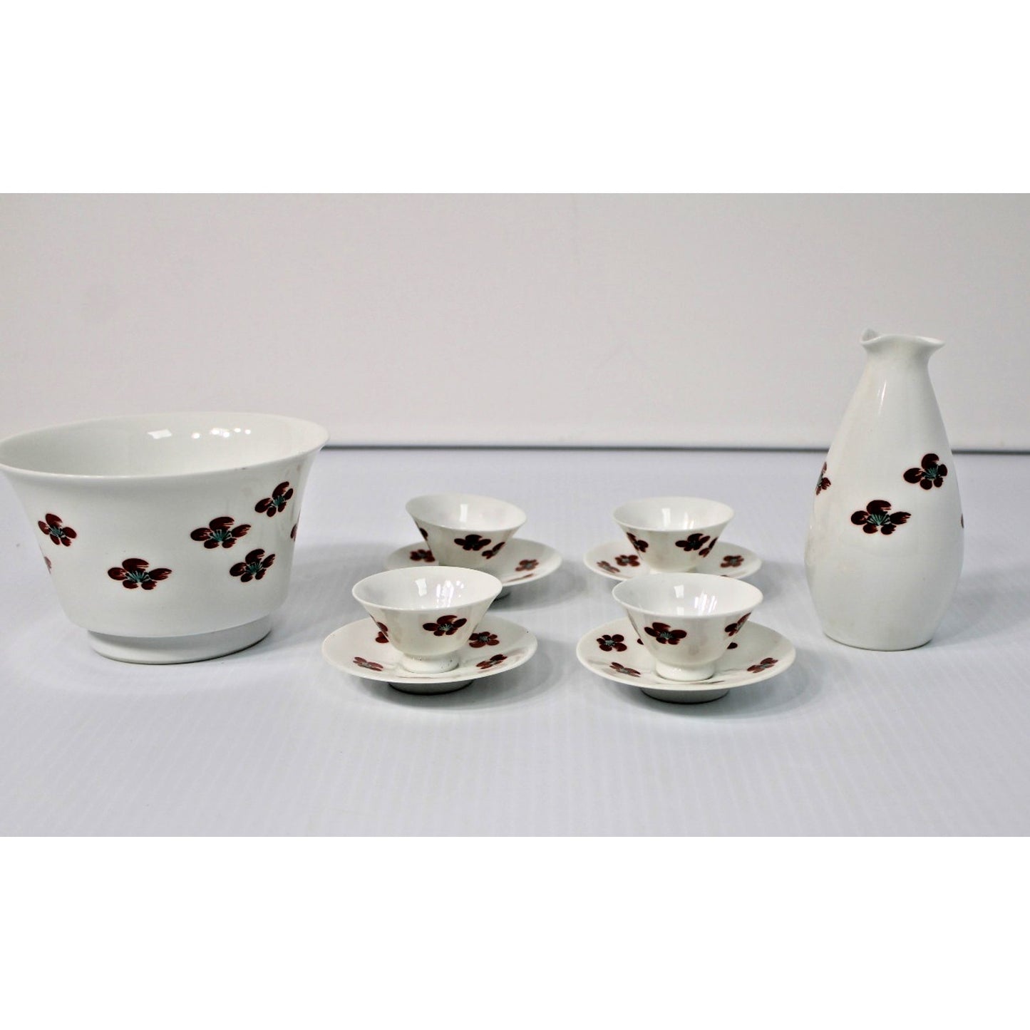 VTG 10-piece Fine Porcelain Sake Set, Plum Blossom Tokkur, Cups, Bowl, Saucers